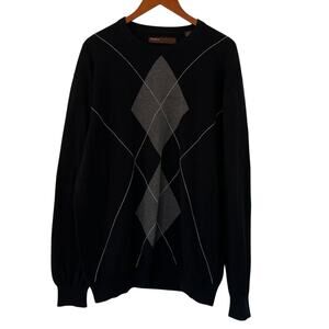 Vintage Perry Ellis Long Sleeve Crew Neck Argyle Sweater, Black, Preppy Golf XL